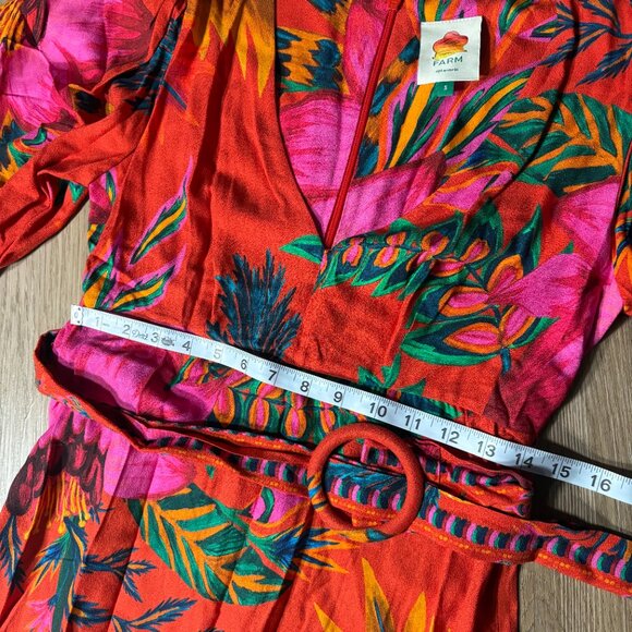 Farm Rio Belted Floral Maxi Dress size S small red pink v-neck puff sleeve - Picture 11 of 12